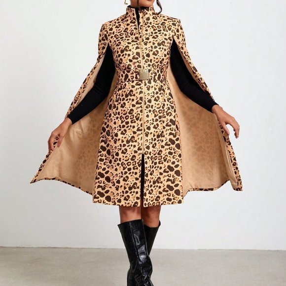 Multicolor Preppy Womens Leopard Print Cloak Sleeve Open Front Cape Coat - Picture 3 of 5